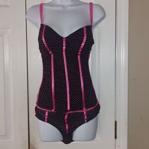 Victoria's Secret Sexy Little Things Bustier Cami Black Pink Dot Corset panty